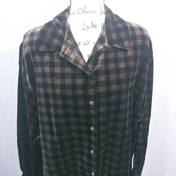 Coldwater Creek Brown Black Plaid Velvet Button Front Shacket Size L - Picture 4 of 11